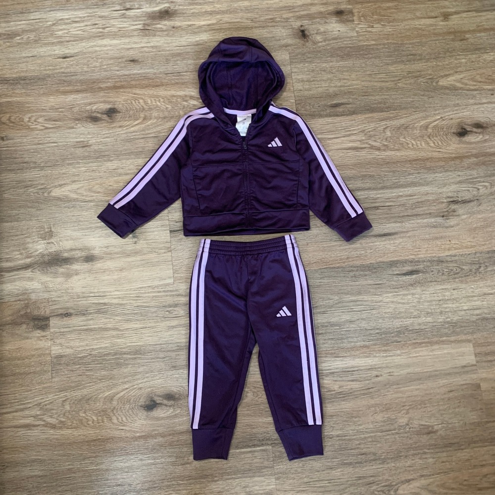 Adidas Kids Purple 3-Stripe Full Zip Hoodie and Jogger Tracksuit Set 2T